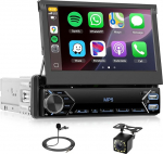 1 DIN traadita Carplay autoraadio 7-tollise k&auml;sitsi sisset&otilde;mmatava puuteekraaniga, Single DIN Bluetooth-raadio Android Car FM EQ Mirror Link USB-C roolijuhtimispuldiga