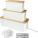 3 kaablikarbi pakett, valge, kaabli korralduskarp, kaabli hoiukarp, 3 suurusega kaablijuhtimiskarp, kaablikarp koos toiteallikaga, puidust kaane kaabli hoiustamiseks ja 3 kaablikinnitusrihma