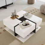 KOMHTOM Modern White Square Coffee Table Side Table with Four Drawers and Open Storage Compartment Sofa Table for Living Room Bedroom (White+Black)