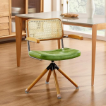 Zouron Rattan Office Chair Without Wheels - Mid Century Modern Swivel Chair without Wheels, Green Faux Leather Padded Dining Room Chair with Beech Wood Legs, Writing Chair, Accent Chair for Home