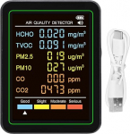 Fafeicy 6 in 1 &otilde;hukvaliteedi monitori professionaalne kaasaskantav CO CO2 TVOC HCHO PM2.5 PM10 detektor infrapunaanduriga LCD-v&auml;rviekraaniga kodukontorile mustas toonis
