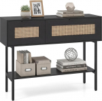 COSTWAY konsoollaud, koridorilaud rottidega, 2 sektsiooniga ja avatud riiuliga, kitsas sissep&auml;&auml;sulaud diivanile, elutuppa, koridori ja sissep&auml;&auml;sualale, Boho stiilis (must + naturaalne)