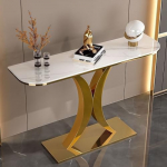 Schmale Konsolentische aus Glas f&uuml;r Flur, Wohnzimmer und Schlafzimmer; schmale Konsole mit Steinplatte und geometrischem Schmiedeeisengestell; einfache Montage.