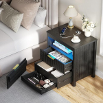 Gurexl 60 cm lai &ouml;&ouml;kapp koos laadimisfunktsiooniga magamistoas, LED &ouml;&ouml;kapp varjatud sahtliga ja USB Type-C, talumajapidamise stiilis k&uuml;ljelaud salajase sektsiooniga box spring voodile, kontor, must