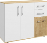HOMCOM Sideboard, 3 ukse, 2 sahtli ja reguleeritava riiuliga hoiukapp, kaasaegne stiil, s&ouml;&ouml;gituba, k&ouml;&ouml;k ja elutuba, 90 x 30 x 75,5 cm, valge ja naturaalne puit.