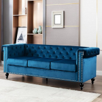 RETRIN Sofa, 3-Seater Sofa, Velvet 3-Seater Couch for Living Room with Elegant Button Stitching and Typical Armrests, Wooden Frame, Metal Legs, Modern Design, 206 x 75.5 x 77 cm, Blue