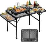Grilltisch Klappbar 77cm Hoher, Grilltisch Outdoor Klappbar mit 2 Ausklappbare Seitenteile, H&ouml;henverstellbarer Campingtisch, Klapptisch Camping mit Metallgitterplatte