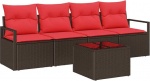 vidaXL Diivanikomplekt 5 tk Braun und Rot Poly-Rattan, Garten- und Terrassenm&ouml;bel, modernes komplekt, robuster diivan, geflochtene Sitzgelegenheiten f&uuml;r Entspannung im Hinterhof