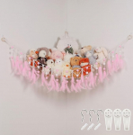 Pretty Jolly Stofftier-H&auml;ngematte mit Pompon, Feder, Makramee, handgefertigt, Eck-H&auml;ngenetz, Boho-Pl&uuml;schhalter f&uuml;r Spielzeug, Kinderzimmer, Schlafzimmer, Jungen, M&auml;dchen, Geschenk (Rosa)