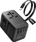 Fosmon Universal Reiseadapter Weltweit, 35W GaN III PD Schnellladeger&auml;t mit integriertem USB-C Kabel, 4 porti (2 USB-C + 2 USB-A), Internationaler Stecker f&uuml;r EU UK AU Deutschland England US USA Japan
