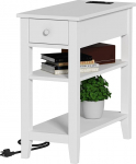 ChooChoo Slim Side Table with Charging Station, Side Table Living Room with USB Ports & Sockets and Hidden Drawer, 3-Tier Skinny Bedside Table with 2 Open Storage Shelves
