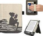kwmobile Flip Cover &uuml;hildub Pocketbook Verse/Verse Pro/Verse Color/Vivlio Light/Light HD - &uuml;mbris randmerihmaga lugemisega naine must beež