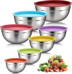 DaiWeier Set of 7 Stainless Steel Bowls with Colorful Lids, Mixing Bowls, Salad Bowls, Stackable for Minimal Storage, Essential Cooking, Kitchen Utensils