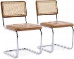 Komplekt 2 Vintage Style Cantilever tooli - s&ouml;&ouml;gitoolid rotangist seljatoega ja puidust raamiga - PU nahast iste Retro disain k&ouml;&ouml;ki, elutuppa, kontorisse