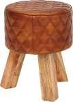 FineBuy Stool Real Leather/Solid Wood 35 x 46 x 35 cm Modern Footstool Round Turnbuck Leather Stool Brown Small Stool Padded Wooden Stool with Leather Cover