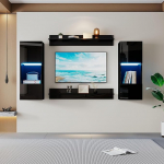 BXEYXE 4 seinariiuli komplekt, LED seinakapp ja 2 riiulit - nutika rakenduse abil juhitav valgustus, k&otilde;rgl&auml;ikega viimistlus ja karastatud klaasuksed elutuppa, TV-ga &uuml;hilduv, TV-kappide komplekt, must