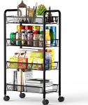 OVICAR 4 Tier Wire Mesh Kitchen Storage Organizer Utility Trolley Full Metal Basket Storage Trolley Art Trolley with Wheels and 4 Side Hooks