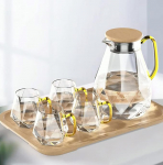 DUJUST Glass Carafe with Lid, 2 Litres, with 4 Cups, 1 Tray, Water Carafe in Modern Diamond Design, Decoration for the Living Room, Water Jug, Heat Resistant Glass Jug for Iced Tea/Milk/Coffee