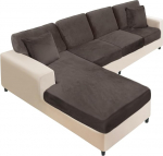NAISI 8 Pack Velvet Sofa Covers L Shape Soft Stretch Sofa Covers with 2 Pillow Covers for Left/Right Chaise Longue (3 Seater + 1 Chaise+4 Backrest, Brown)
