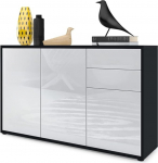 Vladon Ben V3 Sideboard, Chest of Drawers with 3 Doors and 2 Drawers, Matte Black/High-Gloss White (117 x 74 x 36 cm)
