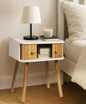 SUMGAR Bedside Table White Bamboo Bedside Table with 2 Sliding Doors Bedside Table with Legs Made of Solid Wood Small Bedside Table for Bedroom Living Room Sofa Table for Boho Room Decoration