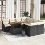 9-teilige Garten Sofa Set mit Kissen Schwarz Poly Rattan Akazie, 2-Sitzer Garten Sofa mit Kissen Schwarz Poly Rattan Gartenlounge Model3349438