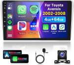 4G & 64G 9-tolline autoraadio Toyota Avensis 2002-2008 koos Carplay Android Car Wireless, 1280 x 720, Android 13, puuteekraaniga Bluetooth RDS/FM raadio, WiFi Navi/AHD tagurduskaamera