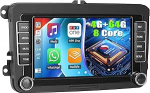 Qualcomm 8 s&uuml;damikud 4 + 64G juhtmeta CarPlay Android 15 autoraadio VW Golf 5 6 Polo Passat Seat Touran Skoda Tiguan, 7-tolline IPS-ekraan Android auto navigatsiooniga WiFi DSP Bluetooth 5.1 FM / RDS SWC
