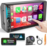 Traadita 7-tolline Double DIN autoraadio koos Carplay Android auto puuteekraaniga, auto audio vastuv&otilde;tja peaosa, Bluetooth 5.3, tahavaate kaamera, FM/AM/RDS SWC, Mirrorlink, laadimisfunktsioon