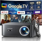 Projektor 4K [1300 ANSI|Google TV] FHD 1080P projektor Kodukino 4K toetatud, Auto Focus Auto Keystone Correction 30 W Smart Daylight Projector Official License Apps WiFi 6 Bluetooth for Home