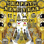 2026 aastavahetuse peo dekoratsioonikomplekt - kuldne fooliumkardin, b&auml;nner, fotokabiini rekvisiidid, paber, lateks &otilde;hupallid, &otilde;nneliku uue aasta prillid, peom&uuml;tsid ja puhurid