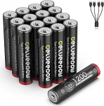 USB-C AAA patareid Liitium laetav 1,5 V 1200 mWh USB laetav AAA patarei koos 4-in-1 USB-C laadimiskaabliga, 1 tunni kiirlaadimine, 1500 ts&uuml;klit, 16 tk pakendis