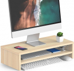 FITUEYES 2-tasandiline monitoride statiiv, 54 x 25,5 cm, suur arvuti s&uuml;learvuti statiiv koos klaviatuuride hoidmisega, lauaorganisaator kodu ja kontoritarvete jaoks, tammepuust