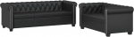Chesterfield Couch Set mit Knopfheftung, 2-Sitzer und 3-Sitzer Kunstleder Sofa Set in Schwarz mit Nietenverzierung und geschwungenen Armlehnen, dick gepolstert und strapazierf&auml;hig