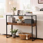 Schmaler 2-stufiger Konsolentisch aus Holz f&uuml;r das Wohnzimmer, Langer Sofatisch f&uuml;r den Eingangsbereich mit Ablagefl&auml;che und Metallrahmen, stilvoller Akzenttisch f&uuml;r den Flur (31,5 x 11,8 x