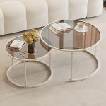 Moderner runder Couchtisch, 2er-Set, stilvolle Glas-Nisttische f&uuml;r Wohnzimmer, Wohnungsdekoration (wei&szlig; und braun, 60 cm + 45 cm) - elegante Wohnm&ouml;bel