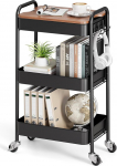 KINGRACK 3 Tier Rolling Cart Metal Cart with Removable Wooden Tray Storage Art Trolley Organizer Serving Trolley Easy Assembly