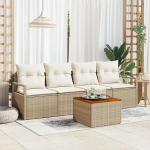 Rantry 5-teiliges Garten Sofa Set mit Kissen Beige Poly Rattan Akazie, 2-Sitzer Garten Sofa mit Kissen Beige Poly Rattan Gartenlounge Model3347638