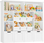 FOREHILL Laste riiul 4 rattaga kastidega, lastetoa m&ouml;&ouml;bel laste raamaturiiul m&auml;nguasjade riiuli hoidmise riiul raamatukapp lastele laste kabinet 4 tasandiga ja 6 plastkarbiga valge