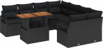 9-teiliges Garten Sofa Set mit Kissen Schwarz Poly Rattan Akazie, 2-Sitzer Garten Sofa mit Kissen Schwarz Poly Rattan Gartenlounge Model3349694
