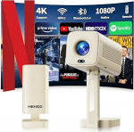 Miniprojektor toetab 4K Full HD 1080P, nutikas projektor automaatse fookuse ja keystone'iga ning 90&deg; p&ouml;&ouml;ramisega, kaasaskantav projektor WiFi 6 ja Bluetooth 5.4, &uuml;hildub HDMI/TV Sticki/Laptopiga - beež
