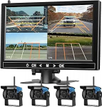 Juhtmevaba tagurduskaamera komplekt 4 kaameraga, 9-tolline HD monitor ja 170&deg; laia nurga tagurduskaamera, IP68 veekindel, 18IR &ouml;&ouml;n&auml;gemine, BSD raadio, veoauto, haagise, bussi, kaubiku jaoks