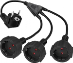 3 kuni 1 l&uuml;hike Schuko pikenduskaabel, l&uuml;hike Schuko topeltpistikuga kaabel, Y pikenduskaabel Schuko pistikuga, 3 x 1,5 mm&sup2;, 16 A, 250 V, IP44, kodu, kontor (must 90 kraadi)