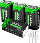 9 V laetav aku, 1300 mAh liitium-ioon plokk akud USB-C kiirlaadimiskaabliga, ideaalne suitsuandurite, tulekahjuandurite, h&auml;iresignaalide, mikrofonide, multimeetri jne. jaoks (4 tk).