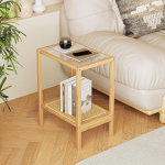 Bamworld Side Table Natural Rattan Bedside Table Glass Side Table 2-Tier with Storage Space Boho Bedside Table for Small Spaces Bamboo Coffee Table for Bedroom Living Room