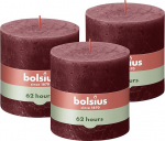 Bolsius Rustic Pillar Candle XXL, Bordeaux punane, 3 tk, 10 x 10 cm, dekoratiivk&uuml;&uuml;nlad, p&otilde;lemisaeg 62 tundi, l&otilde;hnastamata, sisaldab naturaalset taimevaha, ilma palmi&otilde;lideta.