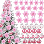49 tk j&otilde;ulupuu kaunistamise komplekt koos j&otilde;ulupuu topperiga, 24 t&uuml;kki glitter j&otilde;ululilled 3 suuruses, 24 t&uuml;kki 2,36-tollised j&otilde;ulukujulised kaunistused puhkusepidu kaunistamiseks (roosa)