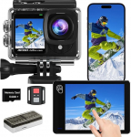 Puuteekraaniga 4K60FPS Action Cam 64G kaardiga, 40M veealune kaamera, 48MP HD WiFi kaamera Ice 8X Zoomiga, veekindlad actionkaamerad, laia nurga spordikaamera 2 x 1350 mAh akudega