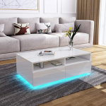 Kohvilaud elutuppa, puidust keskmine laud, teelaud, valge l&auml;ikiv kohvilaud LED-valgustusega, ristk&uuml;likukujuline elutoa laud, k&uuml;ljelaud 4 sahtliga ja avatud kambriga