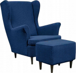 Wingback Chair Cover & Ottoman Protective Cover - Arm Chair Cover Stretch + Upholstered Stool Dark Blue - Strandmon Arm Chair Cover and Stool Cover - Elastic Velvet Velour Dirt-Repellent - Oeko-Tex 100